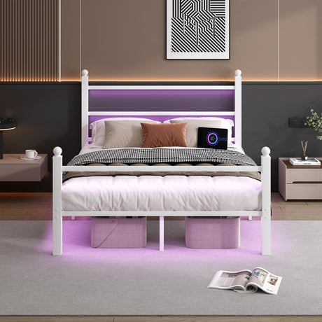 CLIBFENG Full Size Bed Frame with Headboard and Footboard,Steel Slats Support-LED Bed Frame with USB Charging Station,Mattress Foundation-Under Bed Storage,No Box Spring Needed,Noise Free,White CLIBFENG