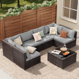 Qsun 7 Pieces Patio Furniture Set, Outdoor Sectional Rattan Sofa Set, Wicker Patio Conversation Set with Cushions and Glass Coffee Table, for Balcony, Porch, Garden, Grey Qsun