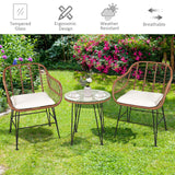 Tangkula 3 Pieces Patio Conversation Bistro Set, Outdoor Wicker Furniture w/Round Tempered Glass Top Table & 2 Rattan Armchairs, Bistro Chat Set w/Seat Cushions for Porch, Backyard, Garden Tangkula