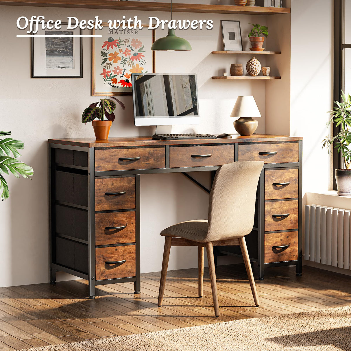PRAISUN 47 Inch Office Desk with Outlets, Computer Desk with 9 Fabric Drawers, Writing Gaming Work Study Desk for Bedroom, Living Room, Home Office, Large Storage, Rustic Brown PRAISUN