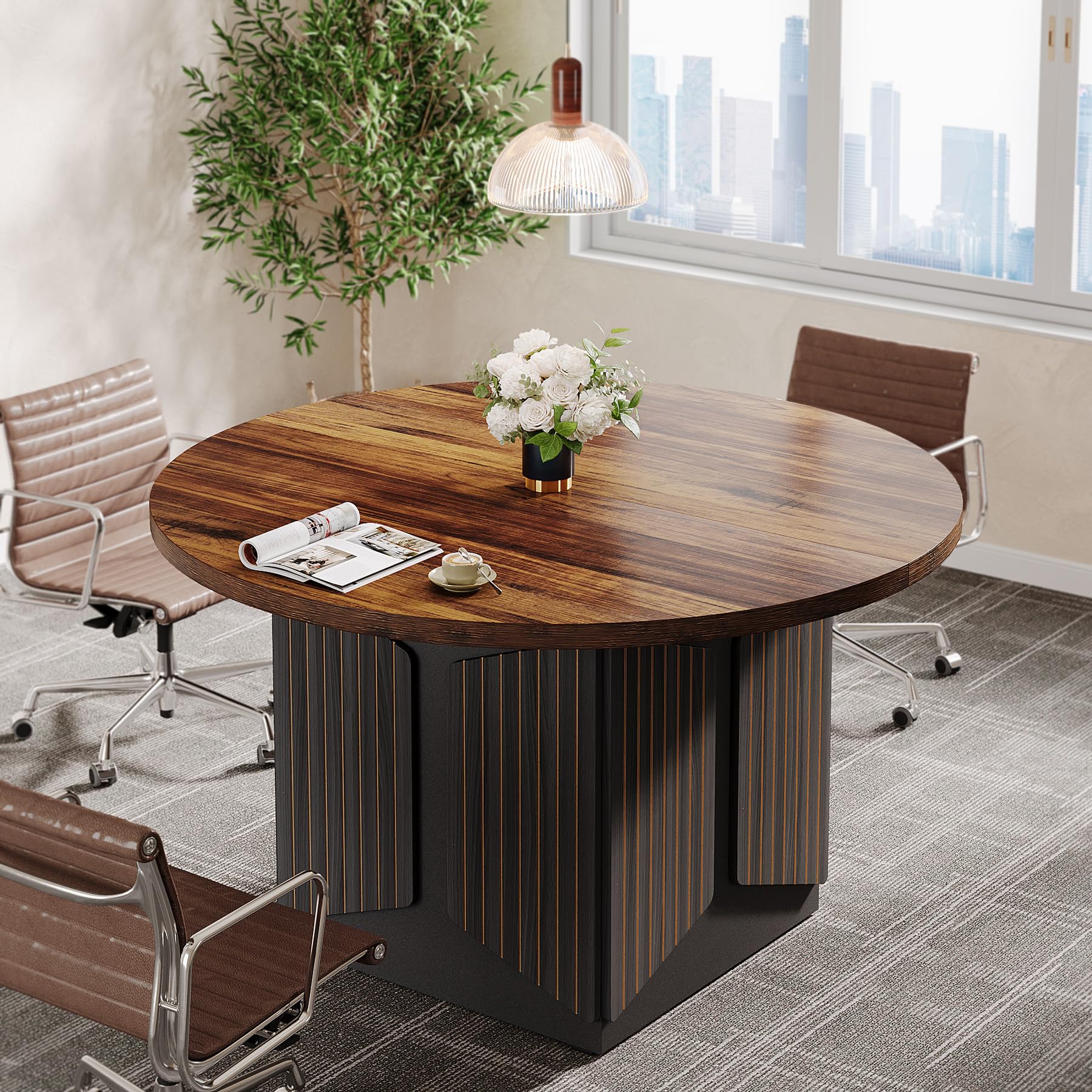 Tribesigns 47" Round Conference Table, Round Multi-Purpose Meeting Table, Reception Negotiation Table for 4, Small Business Training Seminar Table for Office Conference Room (Brown + Black) - WoodArtSupply