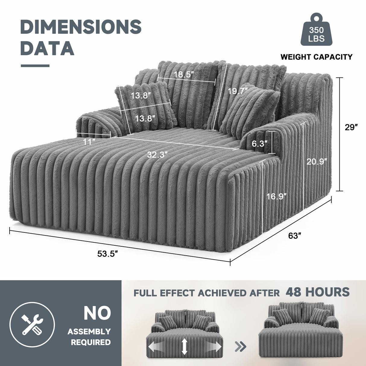 Mangodan 53.5”W Oversized Chaise Lounge Chair Indoor, Boneless Couch with 4 Pillows, Cozy Reading Chairs with Wide Arms, No Assembly Corduroy Boneless Chair, Memory Foam Couch for Living Room, Gray Mangodan
