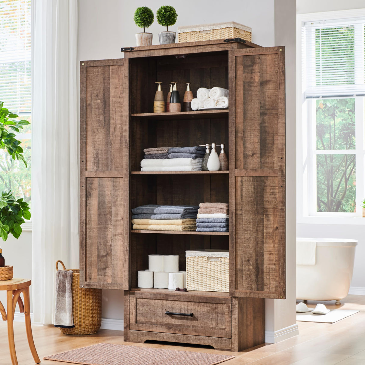 Farmhouse Kitchen Pantry Cabinet - 72" Tall Wood Kitchen Storage Cabinets with Adjustable Shelves & 2 Barn Doors & Drawer, Versatile Storage for Dining Room, Bathroom, Utility Room, Light Brown JXQTLINGMU