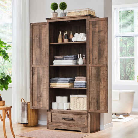 Farmhouse Kitchen Pantry Cabinet - 72" Tall Wood Kitchen Storage Cabinets with Adjustable Shelves & 2 Barn Doors & Drawer, Versatile Storage for Dining Room, Bathroom, Utility Room, Light Brown JXQTLINGMU