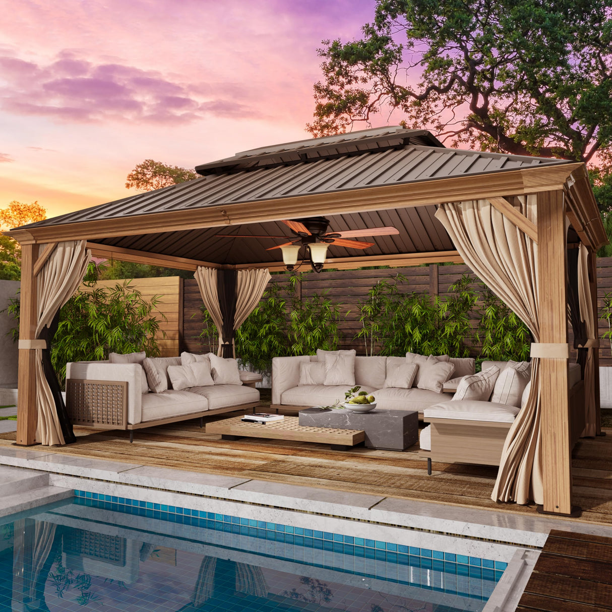 YOLENY 12' x 16' Gazebo, Hardtop Wood-Looking Gazebo with Galvanized Steel Double Roof, Aluminum Frame with Netting and Curtains for Deck, Backyard, Patio, Lawns YOLENY