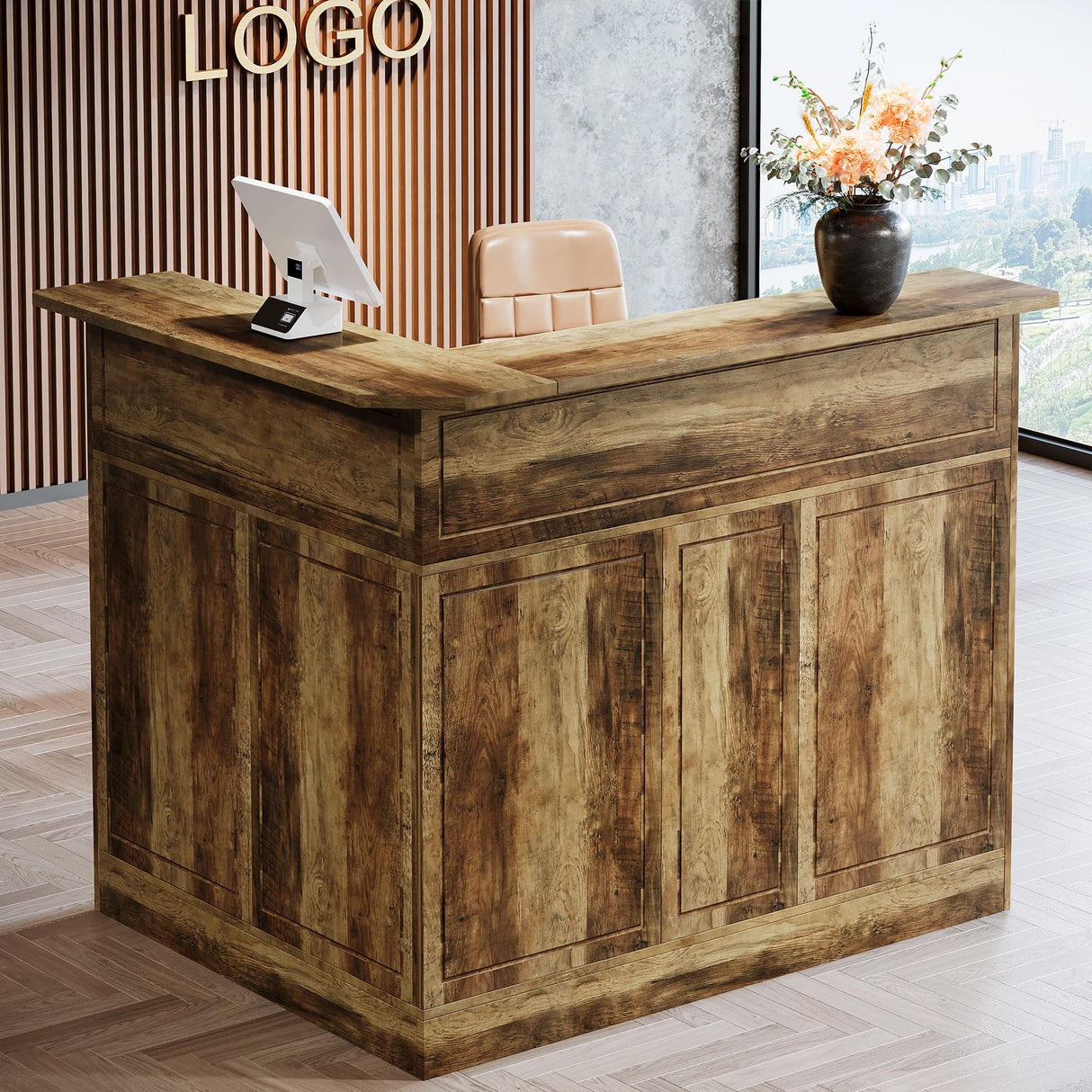 Tribesigns Reception Desk with Storage Shelves, L-Shaped Modern Front Desk, Reception Counter Table for Small Office, Salon, Checkout Office (Brown) Tribesigns