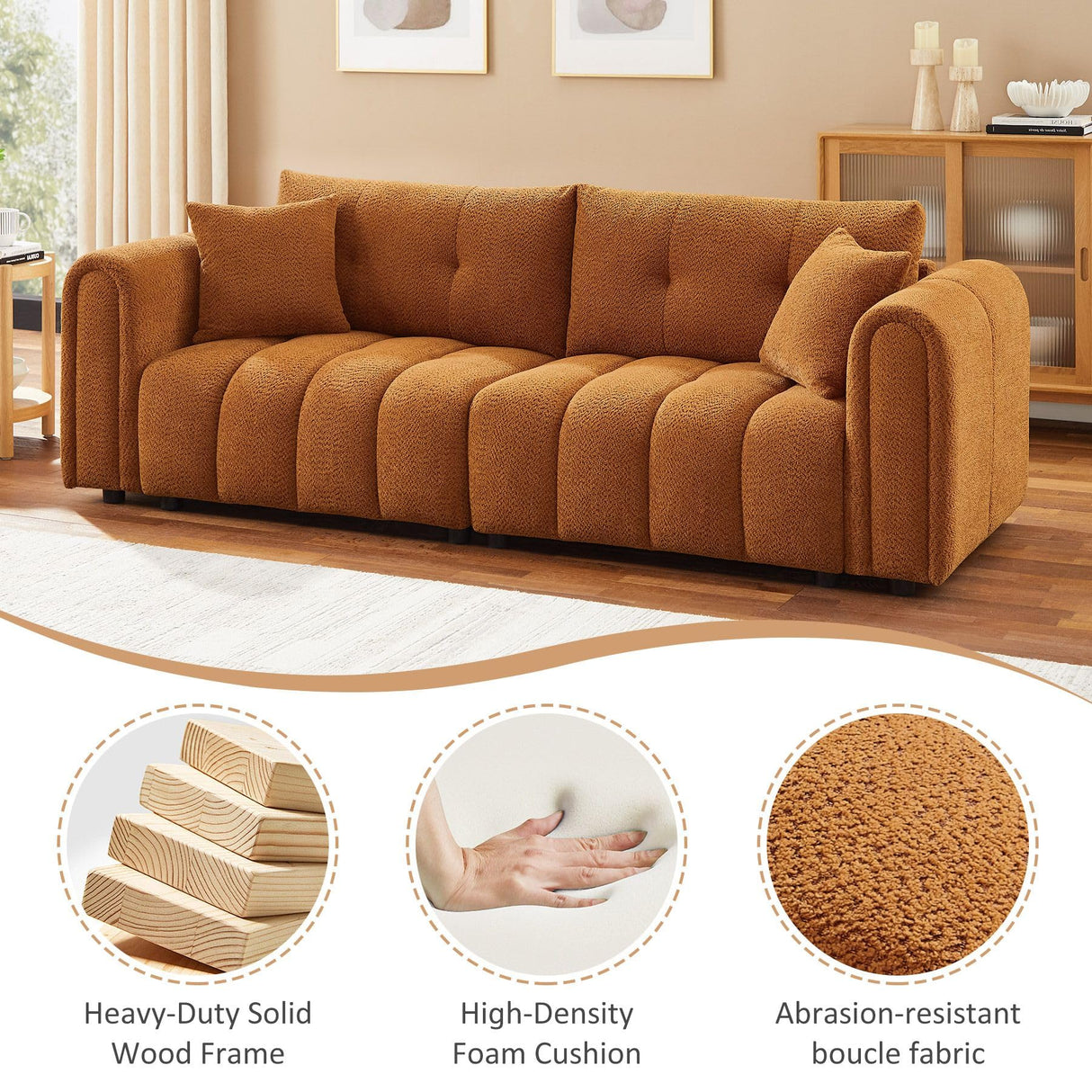 91.5" Modern Boucle Sofa with Deep Seat, Comfortable Upholstered Tufted Cloud Couch, Modern 3 Seater Couches for Living Room, Bedroom, Apartment, Office (Curry) VANOMi