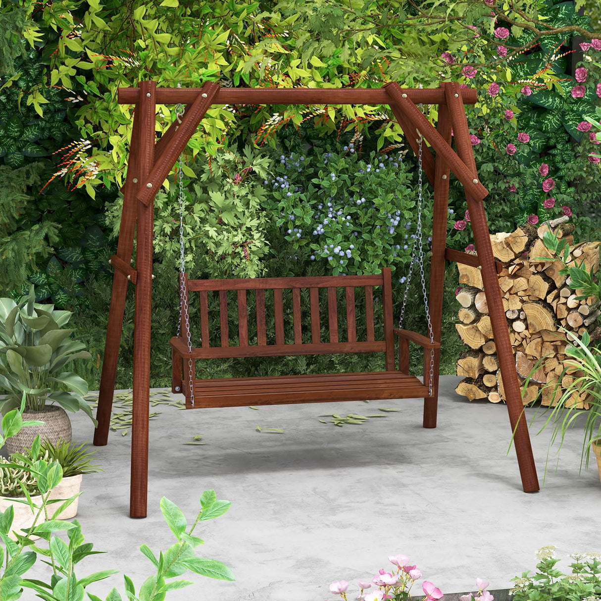 HAPPYGRILL 3-Person Wooden Outdoor Porch Swing, Heavy Duty Patio Hanging Bench Chair with 800 LBS Weight Capacity, 5.6 FT Adjustable Upper Chains, Slatted Back, Swing Bench for Garden, Backyard HAPPYGRILL