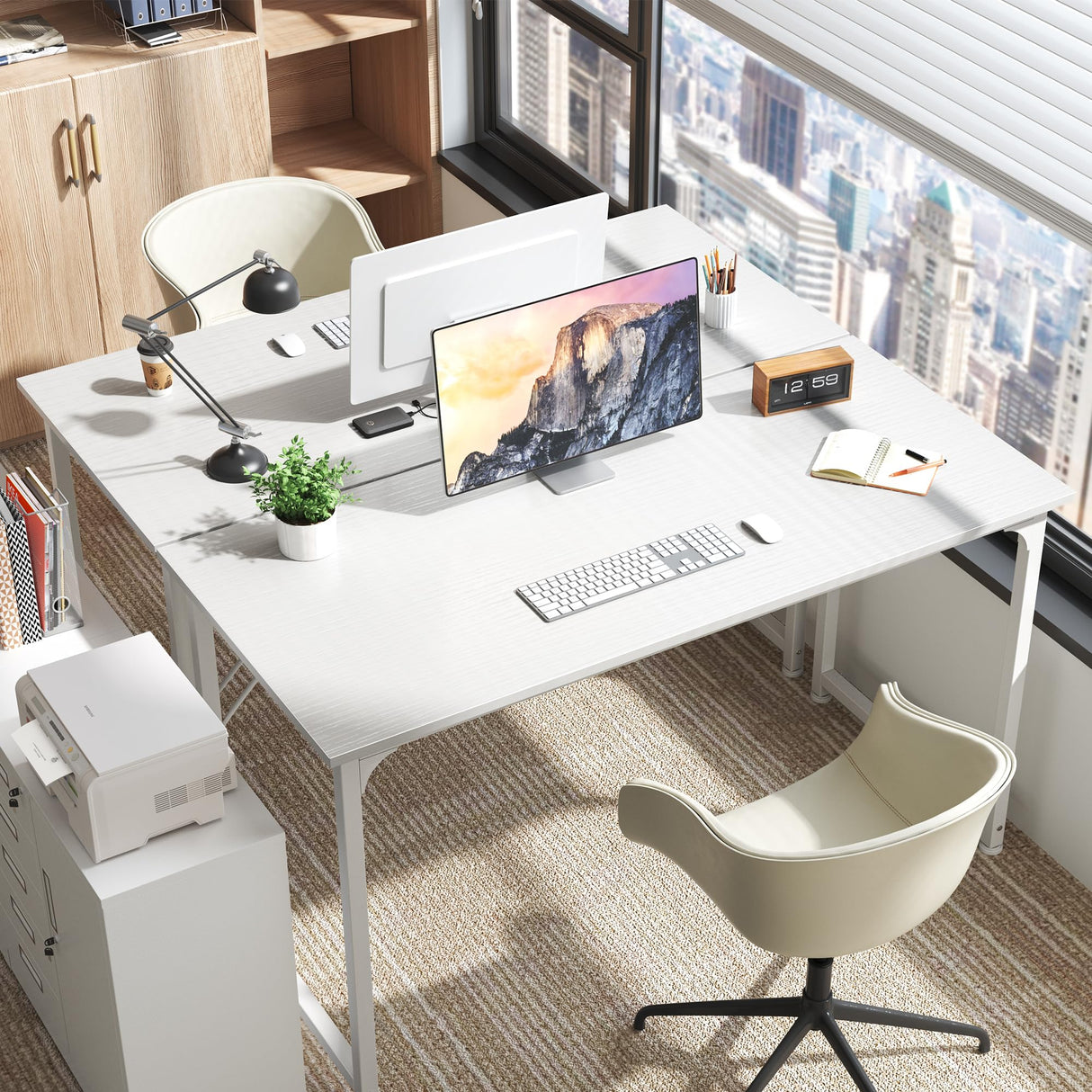 Huuger Computer Desk, 55 Inch Office Desk, Gaming Desk with Storage, Writing Desk Work Desk for Home Office, Study, Modern Simple Desk, Large Legroom, Metal Frame, White Huuger