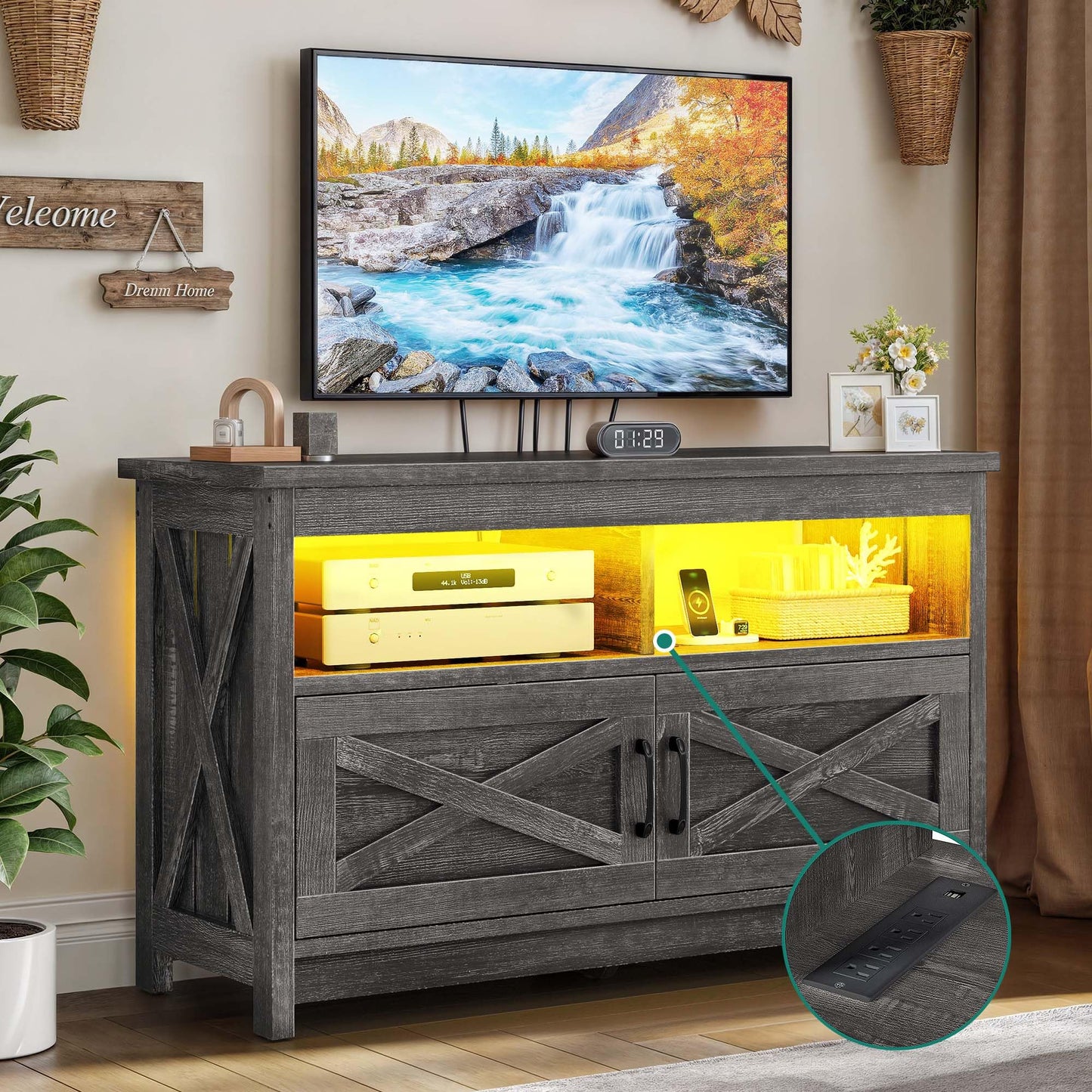 YITAHOME Farmhouse TV Stand with LED Light and Power Outlet, TV Media Console for up to 40 Inch TV, Rustic Entertainment Center Table TV Cabinet for Living Room, Dark Grey, 35'' Wide