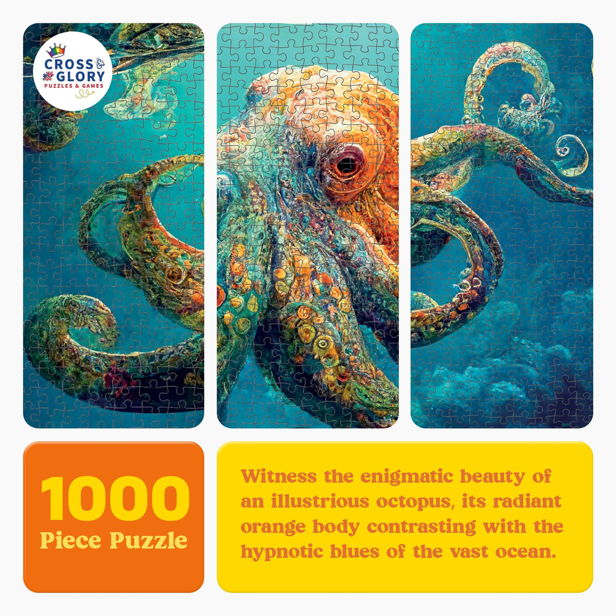 Cross & Glory - Deep Blue Octopus Odyssey - 1000 Piece Jigsaw Puzzle for Adults | Best New Marine Artwork Puzzle | Unique Brain Teaser Cross & Glory