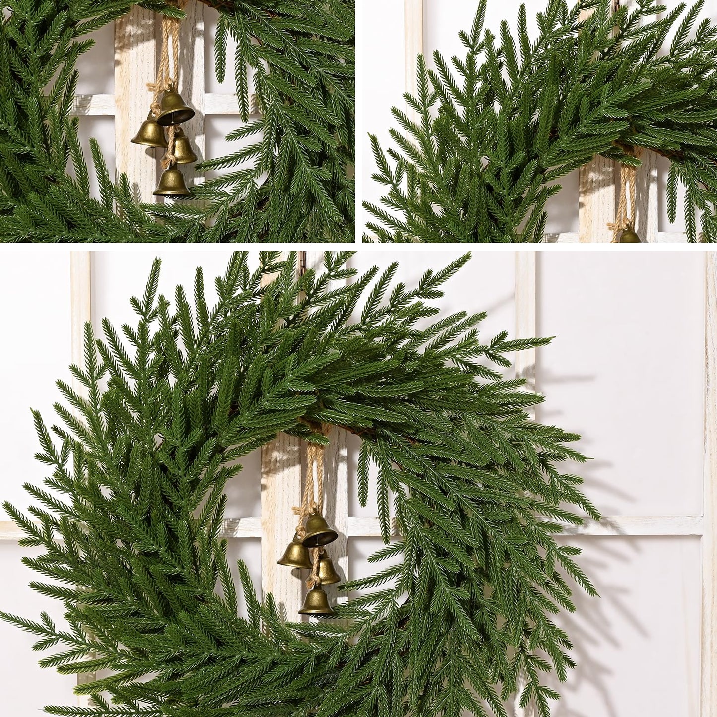 Dolicer Christmas Wreath - 24" Real Touch Norfolk Pine Wreath, Christmas Wreaths for Front Door Artificial Pine Green Wreath with Bell for Wall Windows Mantle Outdoor Outside Christmas Decoration