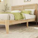 KEIKI Queen Size Rubber Wooden, Solid Wooden Bed with Rattan Headboard, Enhanced by Support Feet KEIKI