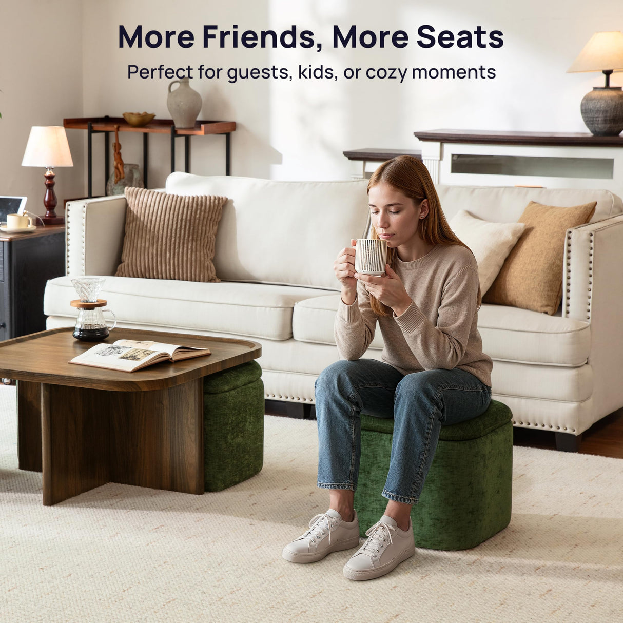 CHIC HOUSE Small Square Coffee Table with Storage, Mid-Century Modern Coffee Tables with 4 Chenille Ottomans Underneath, Center Table for Living Room, Apartment Small Space, Walnut CHIC HOUSE