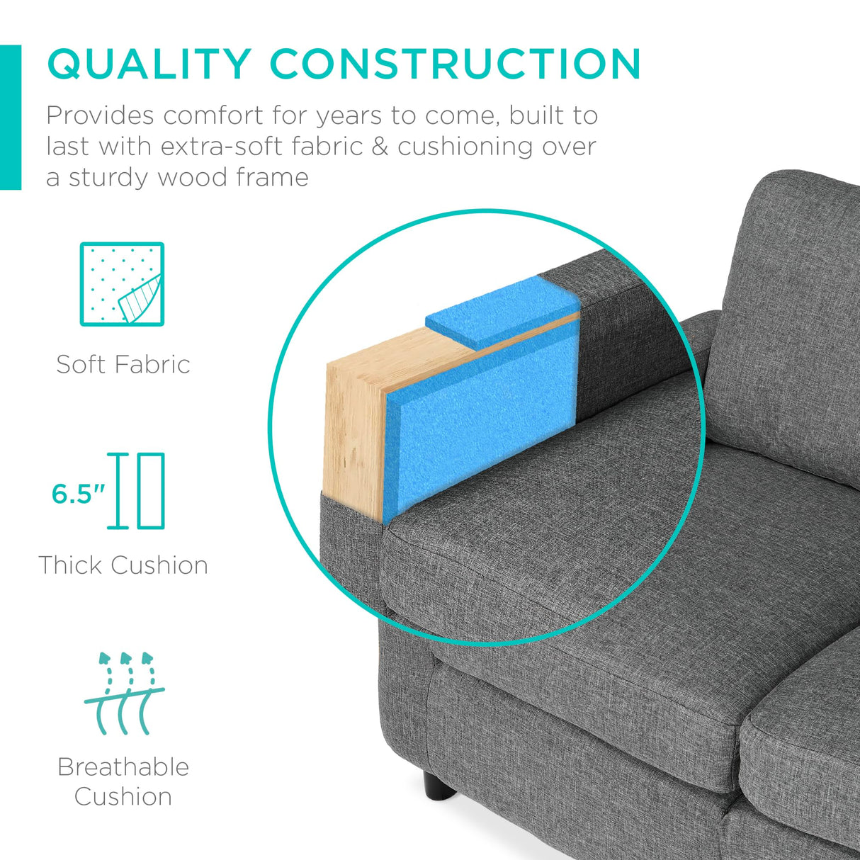 Best Choice Products Upholstered Sectional Sofa for Home, Apartment, Dorm, Bonus Room, Compact Spaces w/Chaise Lounge, 3-Seat, L-Shape Design, Reversible Ottoman Bench, 680lb Capacity - Gray Best Choice Products