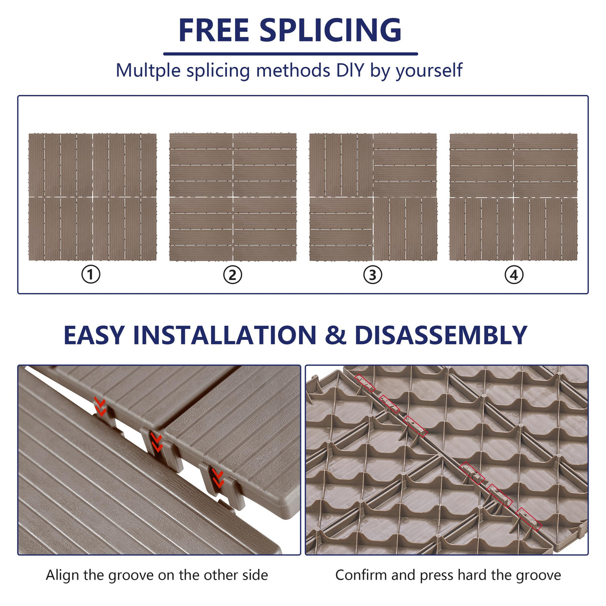 skillmaid 72 PCS Plastic Interlocking Deck Tiles - 12" x 12" Waterproof Indoor Outdoor Flooring All Weather Use, Patio Floor Decking for Porch Poolside Backyard Balcony, Brown skillmaid