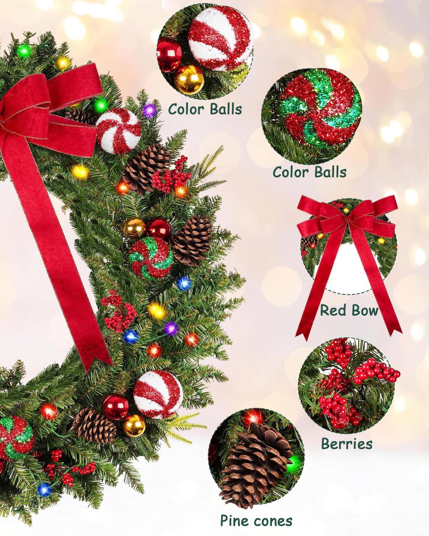 DDHS 48in Christmas Wreath, Pre-Lit Christmas Wreath with 200 LED Lights, 11 Light Modes, Red Bow, Ornament Balls, Large Artificial Christmas Wreaths for Mantel Front Door Outdoor