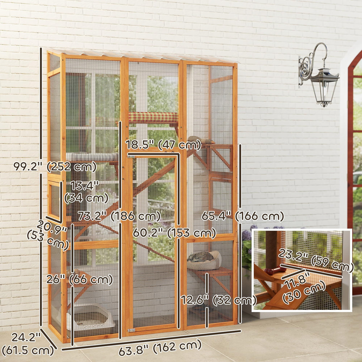 PawHut Outdoor Catio Cat Enclosure, Large Wooden Cat House with 6 Jumping Platforms, Scratching Post, 2 Ramps, Waterproof Roof, Cat Cage Window Access for 2-3 Kittens, 99" H, Orange PawHut