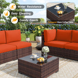 Poteban Outdoor Patio Furniture Set with 44" Fire Pit Table 8 Pieces Rattan Patio Sectional Sofa Conversation Set w/55000 BTU Propane Gas Fire Pit, Coffee Table, 2 Waterproof Covers, Orange Poteban