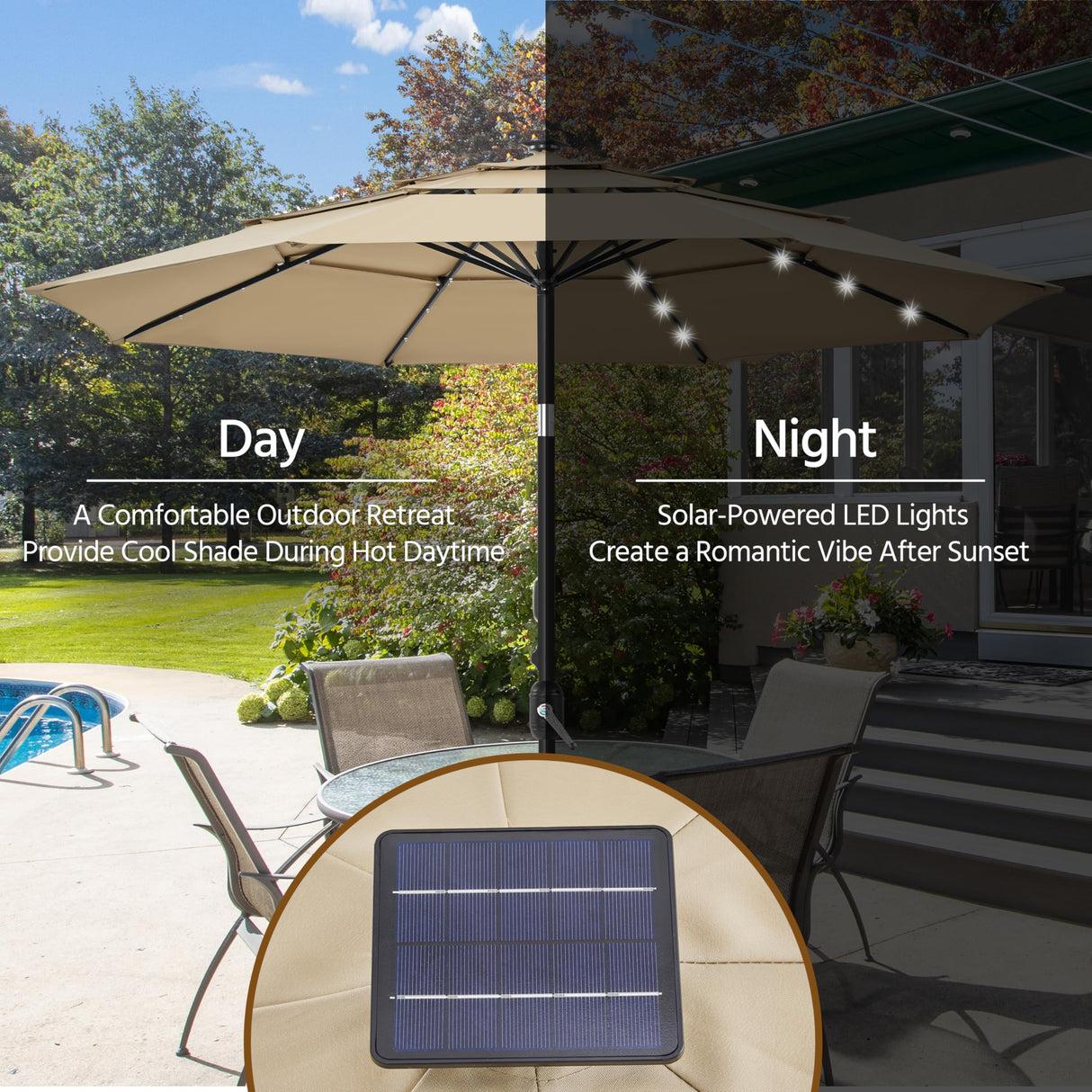 Yaheetech 10ft 3-Tier Vented Solar Patio Umbrella, Table Outdoor Market Umbrella with 24 LED Lights, 8 Sturdy Ribs Beach Umbrella with Tilt and Crank for Garden, Deck, Tan Yaheetech
