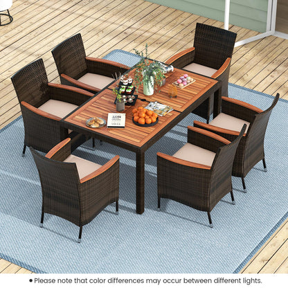 Toolsempire 7 Pieces Outdoor Wicker Dining Set with Umbrella Hole, Patio Dining Furniture Set with Acacia Wood Table and Chairs, Garden Dining Table Set for Backyard, Desk, Poolside (Brown)