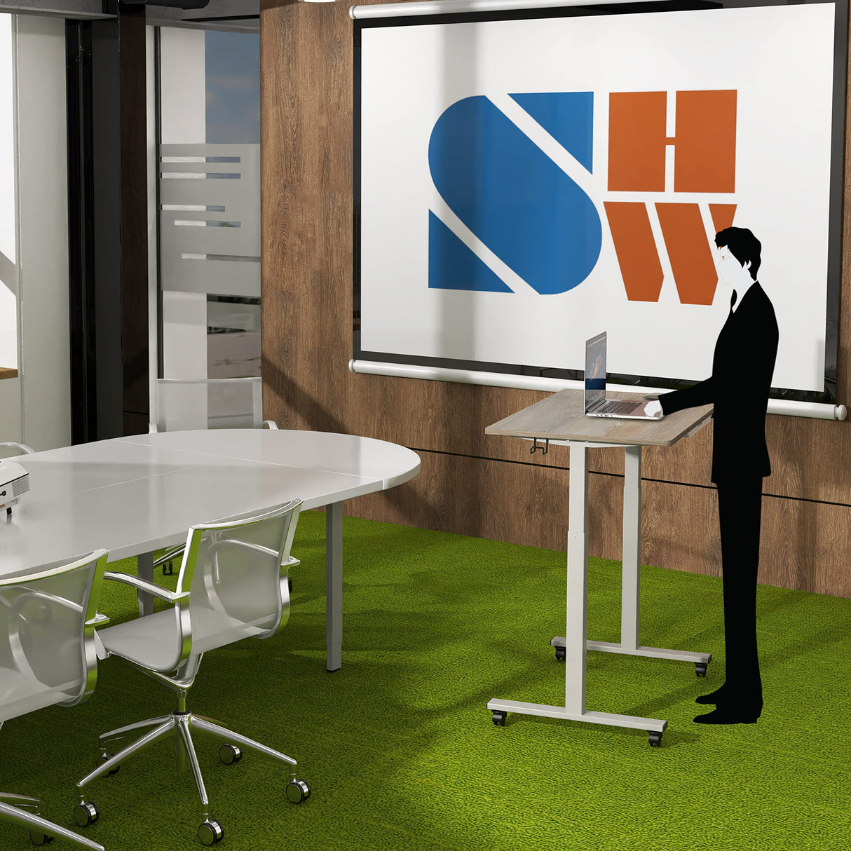 SHW Electric Height Adjustable Mobile Rolling Standing Desk Workstation, 40 x 24 Inches, Maple SHW