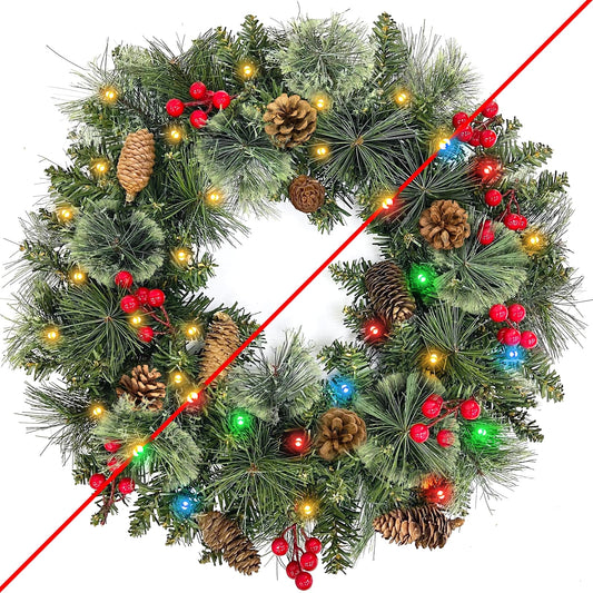 TURNMEON 20 Inch Pre-Lit Artificial Christmas Wreath for Front Door, Winter Wreath with 50 Warm White & Colorful Lights Timer 8 Modes Realistic Branch Berry Pinecone Battery Operated Xmas Decor