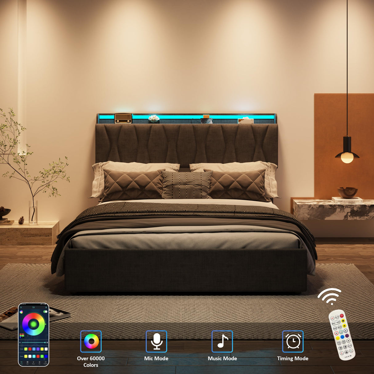 Full Size Lift Up Storage Bed Frame, Height Adjustable Storage Headboard with Charging Station, LED Lights Upholstered Platform Bed, Wooden Slat, No Box Spring Needed, Noise-Free, Dark Grey Fameill