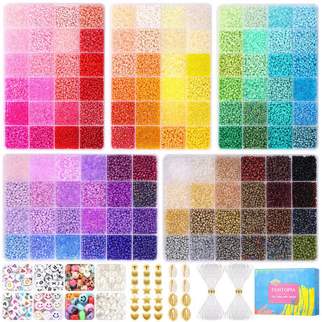 Funtopia 3mm 37000pcs+ Seed Beads for Jewelry Making, 120 Colors Small Glass Beads for Bracelets, Friendship Bracelet Kit with Alphabet Letter Beads Smile Face Beads for DIY, Art and Craft Funtopia
