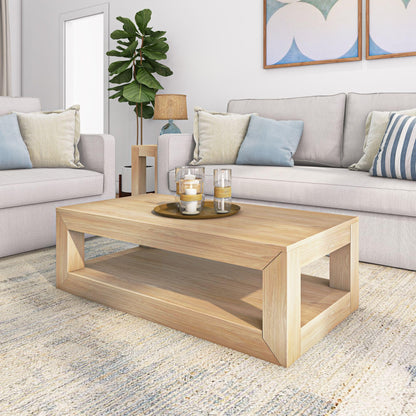 Plank+Beam Modern Rectangular Coffee Table with Shelf, Solid Wood, 48 Inch, Center Table with Storage, 2 Tier Tea Table for Living Room, Blonde Wirebrush - WoodArtSupply