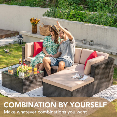 Devoko 5 Pieces Patio Furniture Sets All Weather Outdoor Sectional Patio Sofa Manual Weaving Wicker Rattan Patio Seating Sofas with Cushion and Glass Table(Beige) Devoko