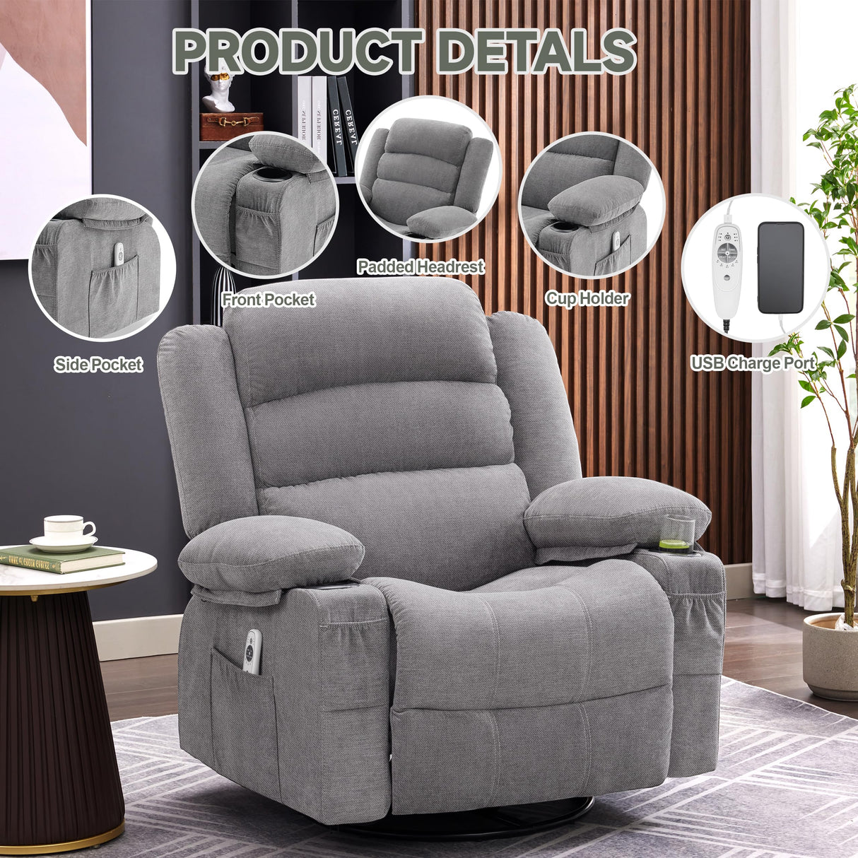 Rocker Recliner Chair with Heat and Massage, 360° Swivel Recliner Chairs for Adults, Oversized Recliner Single Sofa Seat with Cup Holders, Lazy Boy Recliner Single Sofa Seat, Grey Huatean Home