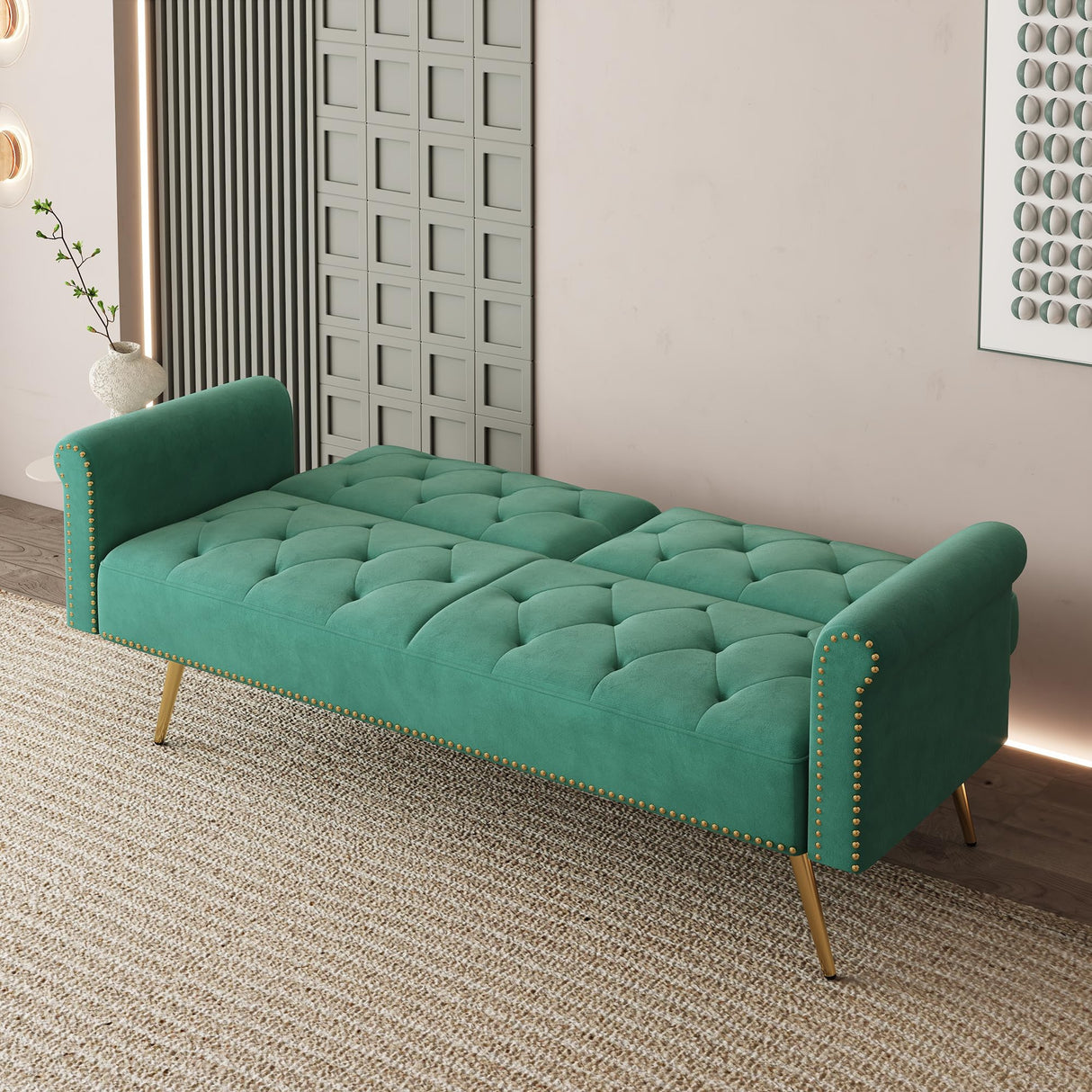 Modern Velvet 2 in 1 Futon Sofa Bed,Convertible Folding Sleeper Bed Couches with 2 Pillows,73" Tufted Recliner Love Seat with Golden Chrome Legs for Living Room Apartment Office (Green) Anwick
