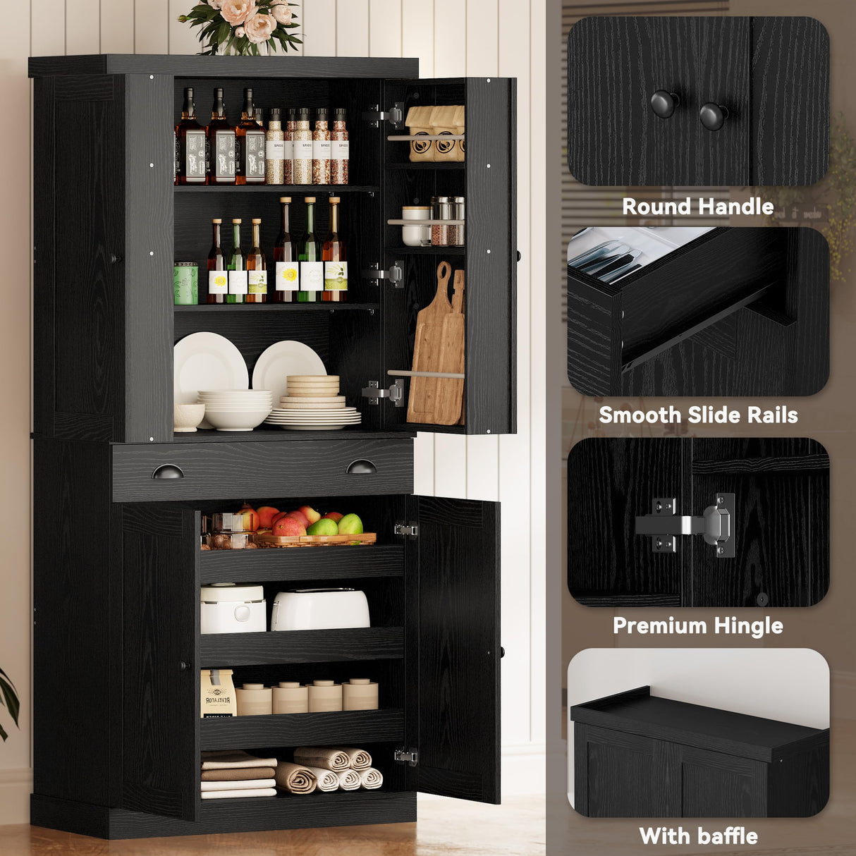 IRONCK Kitchen Pantry Cabinet 72" Height, Freestanding Cupboard with Drawer, Sliding Storage Rack, and 6 Hanging Shelves for Dining Room, Laundry, Living Room, Black IRONCK