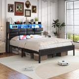 Etditrnp King Size Black Bed Frame with 2 Storage Drawers and Charging Station, Upholstered Bed Frame with PU Leather Headboard LED Lights, Metal Slats Support, No Box Spring Needed, Noise Free Etditrnp