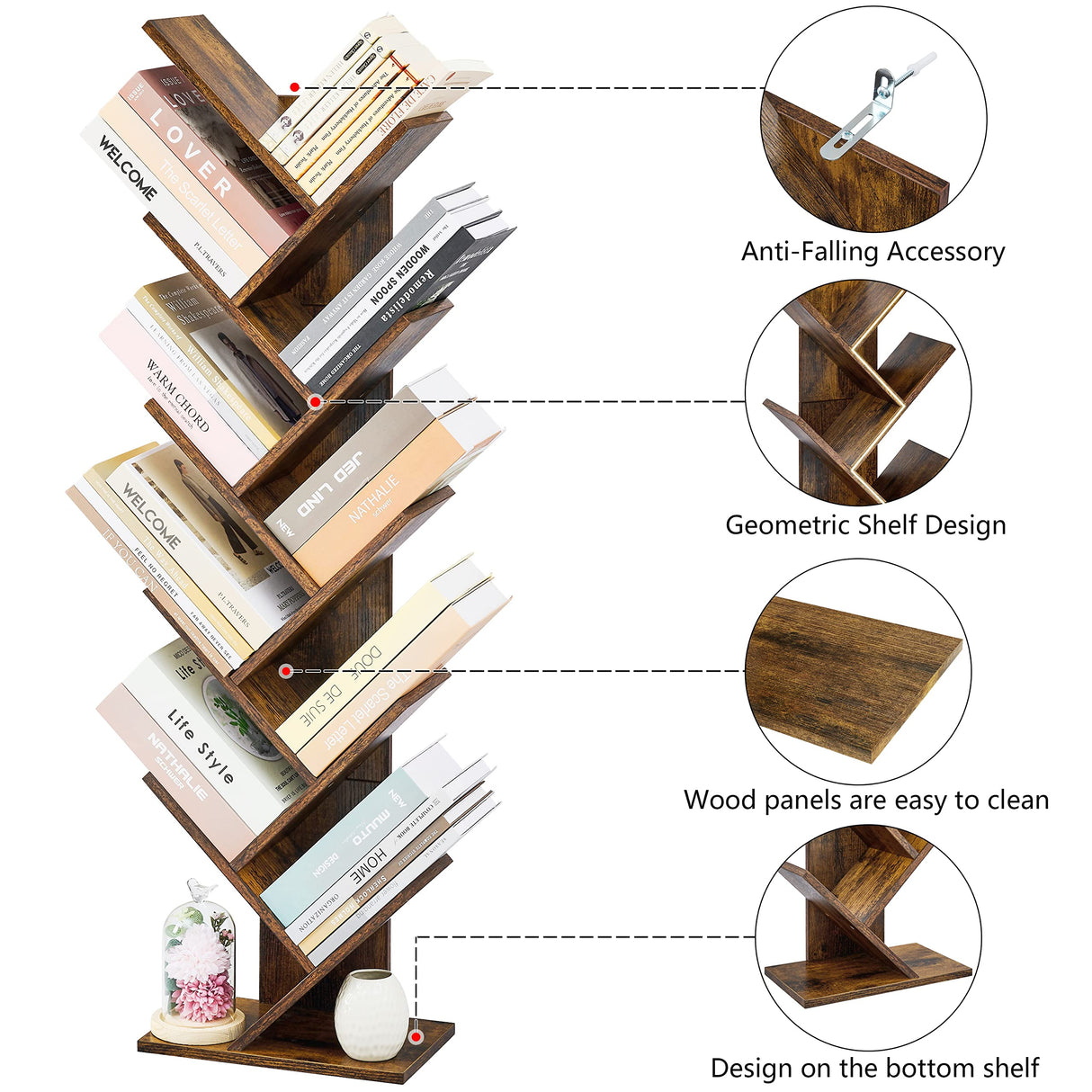 Hoctieon 10 Tier Tree Bookshelf, 10 Shelf Bookcase, Free Standing Tree Bookcase, Display Floor Standing Shelf for Books, Book Organizer Shelves for Home Office, Living Room, Bedroom, Rustic Brown Hoctieon