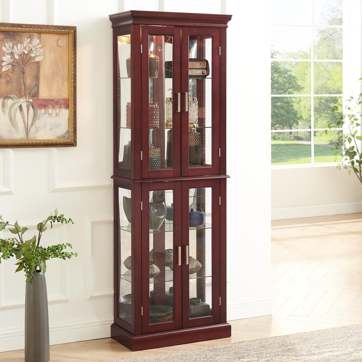 70" Lighted Curio Cabinet with Tempered Glass Doors - Cherry Wooden Curio Cabinet for Collectibles, China & Antiques, Adjustable Glass Shelves, Lockable, Mirror Back E26 Bulb Not Included Anveffeg