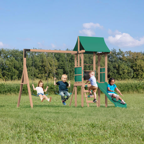 All Spruce Wooden Swing Sets for Backyard for Kids 3-12, Swingset Outdoor for Kids, Outdoor Kids Swing Sets for Backyard with 2 Belt Swings, Slide, Climber, Sandbox Area, Blackboard, Play Deck RICHRYCE