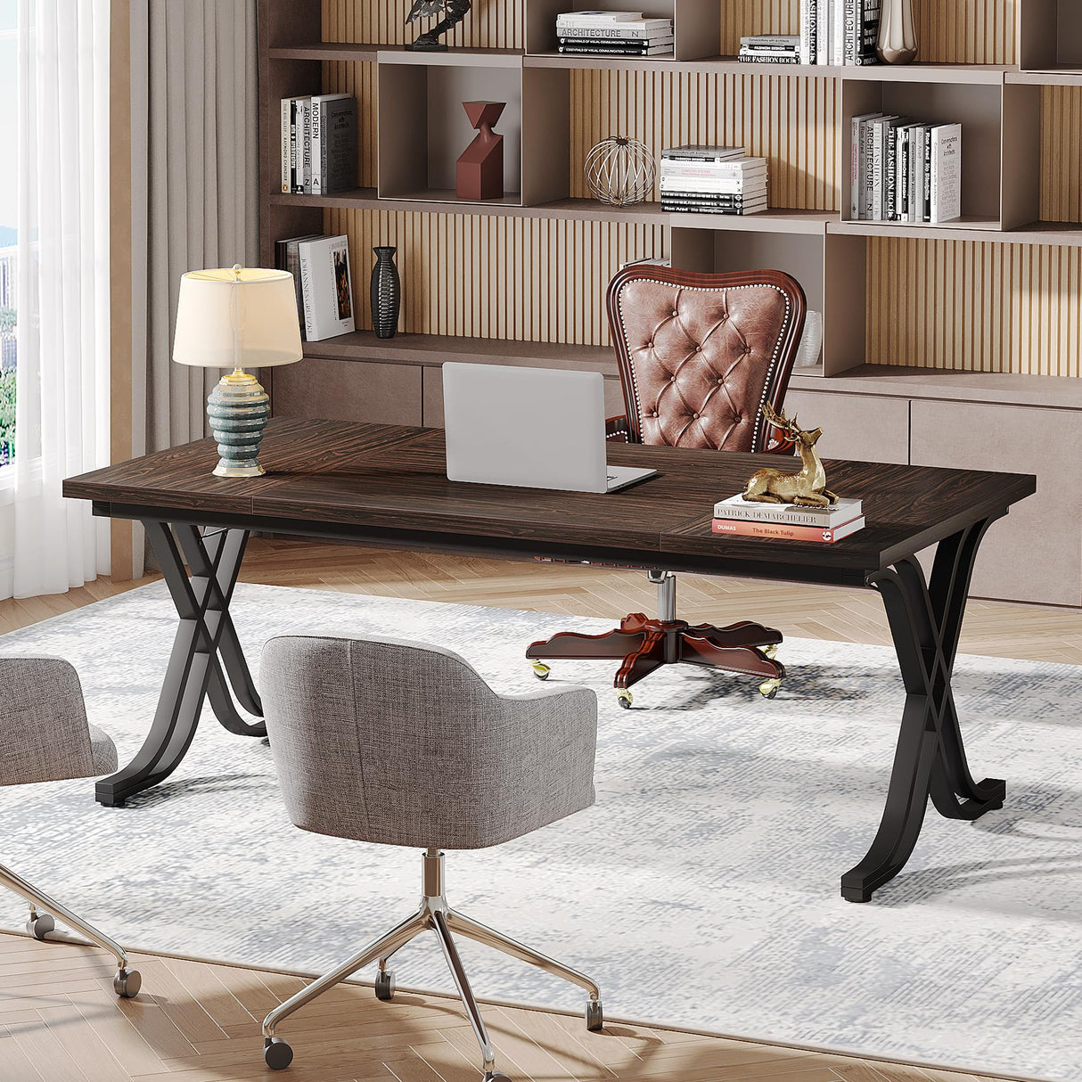 Tribesigns 63 Inch Executive Desk, Large Office Computer Desk with Thick Wooden Tabletop and Metal Frame, Modern Simple Workstation Writing Table Study Desk for Home Office, Walnut Brown Tribesigns