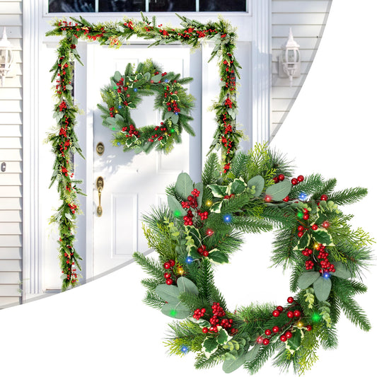 24 Inches Christmas Wreaths for Front Door with Colourful LED String Lights, Christmas Decorations, Decorated with Berry Clusters, Frosted Branches, Christmas Collection, 2 Light Modes