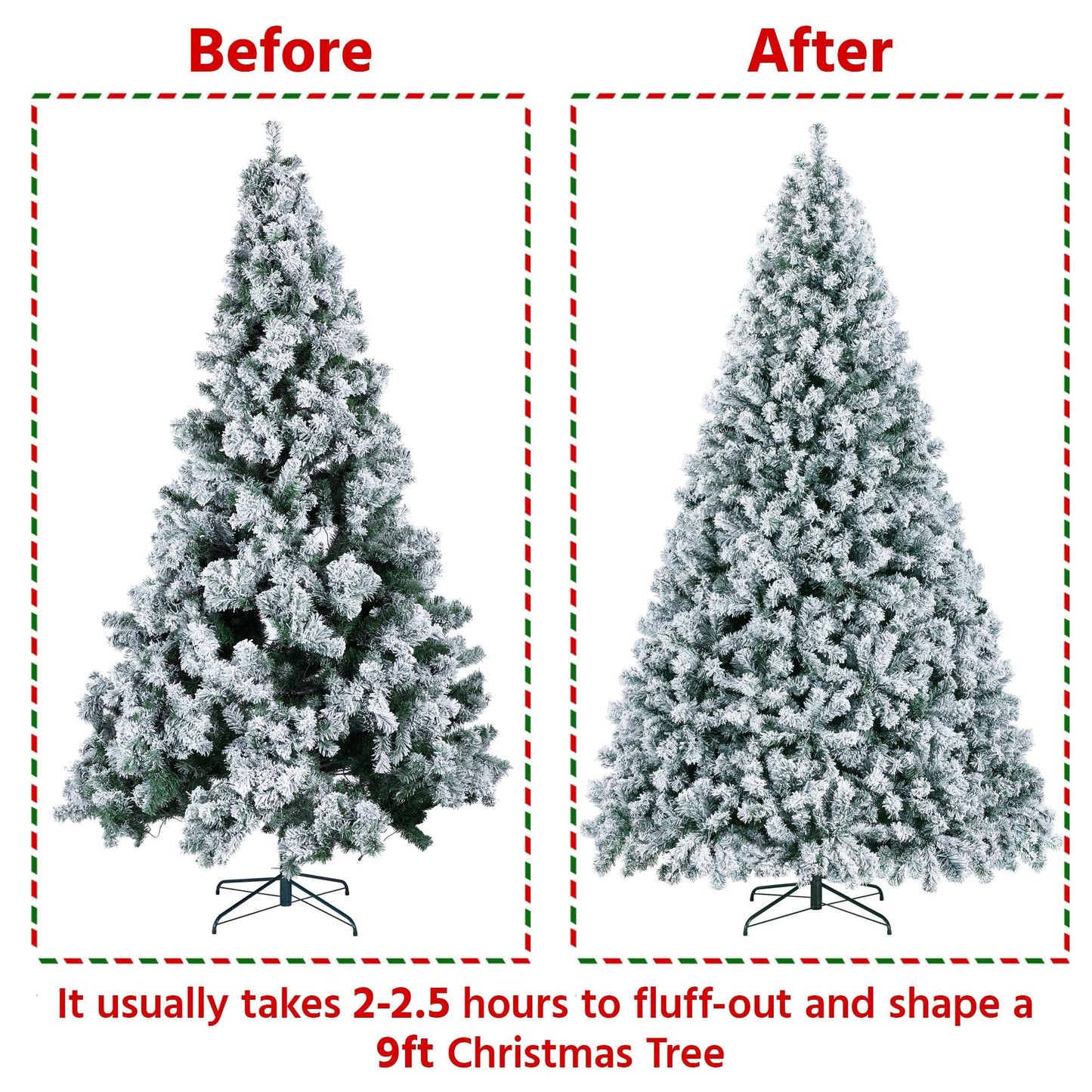 Yaheetech 9ft Pre-lit Artificial Christmas Tree with Incandescent Warm White Lights, Snow Flocked Full Prelighted Xmas Tree W/2084 Branch Tips, 900 Incandescent Lights & Foldable Stand, Green & White