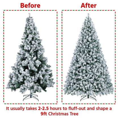 Yaheetech 9ft Pre-lit Artificial Christmas Tree with Incandescent Warm White Lights, Snow Flocked Full Prelighted Xmas Tree W/2084 Branch Tips, 900 Incandescent Lights & Foldable Stand, Green & White