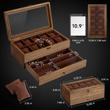 GALHUBIS Watch Box with 10 Slots, 2-Tier Watch Case for Large Dial Watches, Watch Display Case with Lid, Removable Watch Pillows, Gifts for Men Women, Watch Organizer with Drawer, Jewelry Box, Walnut GALHUBIS