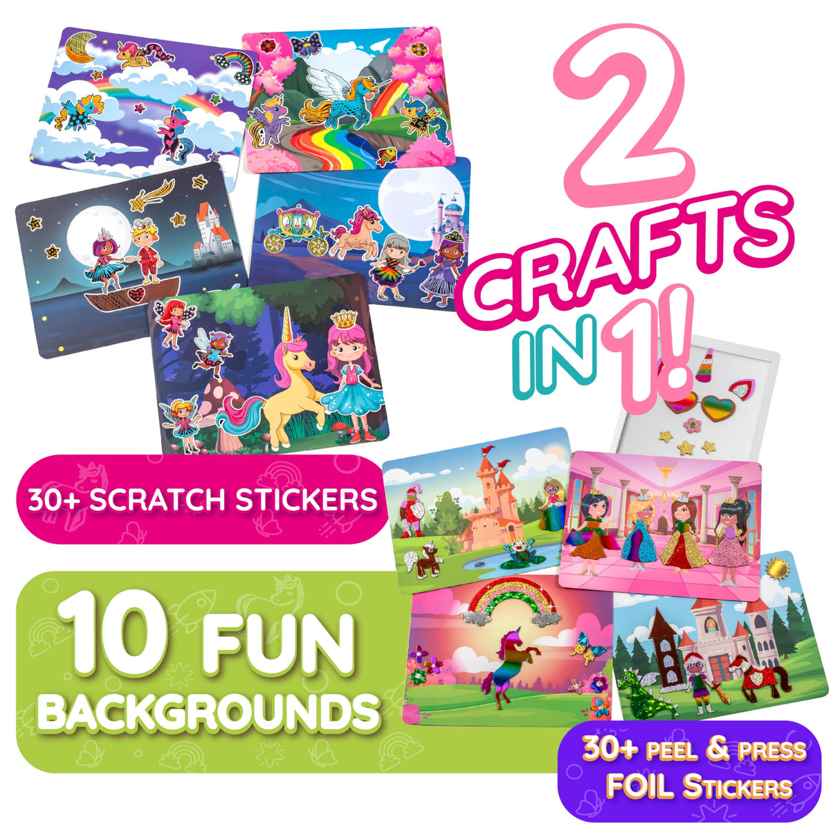 Craftikit ® Award-Winning Unicorn and Princess Foil Art & Rainbow Scratch Art for Kids- 2-in-1 Arts and Crafts Kit for Kids Ages 4-10 - Unicorn Crafts for Girls Ages 4, 5, 6, 7, 8, 9, 10 Craftikit