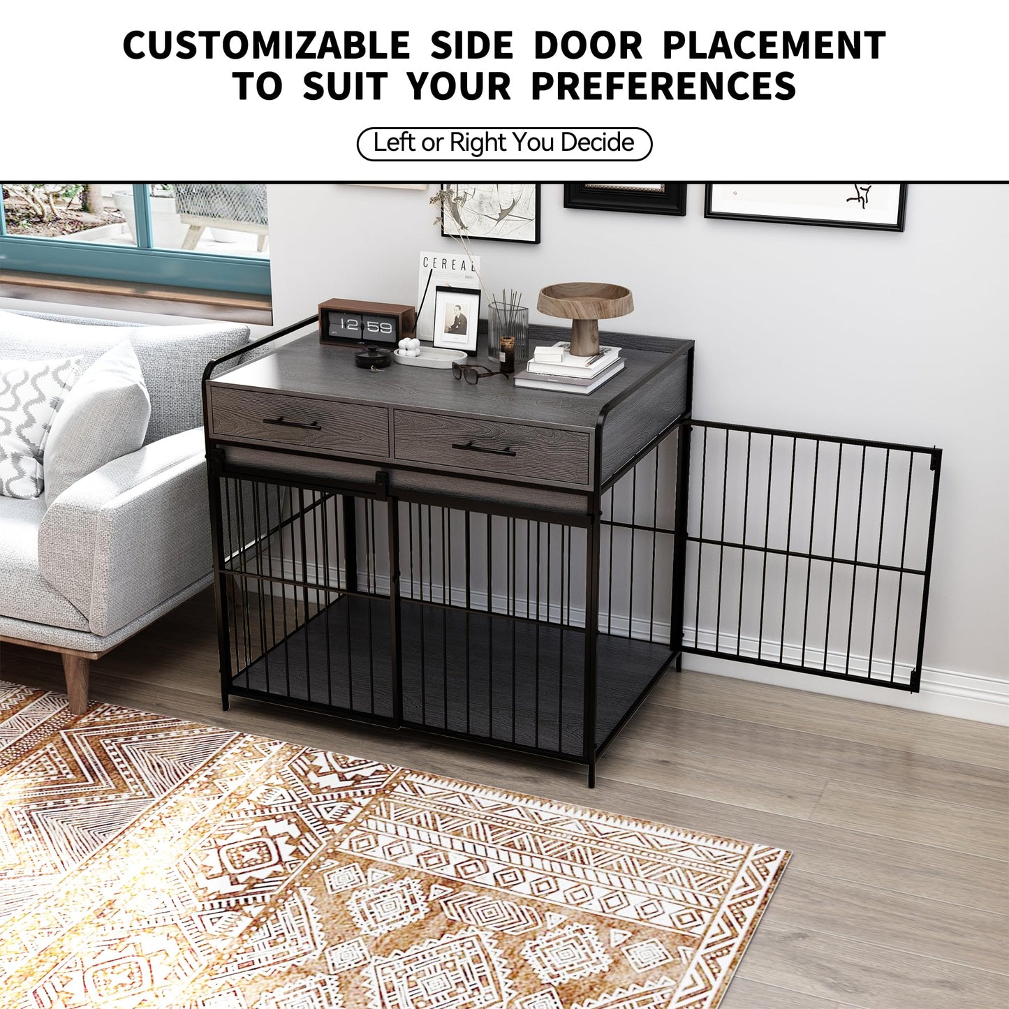 PUPETPO Large Dog Crate Furniture, Indoor Dog Kennel with Storage Drawers, Double Doors Dog Crate End Table Large, Heavy Duty Dog Crate, Decorative Pet Crate Dog Cages for Large Dogs, Grey - WoodArtSupply