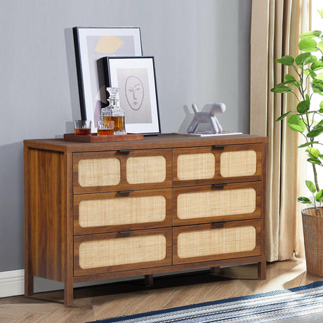 LEVNARY 6 Drawer Dresser for Bedroom, Rattan Dresser Drawer Organizer with Metal Handles, Accent Wood Chest of Drawers for Entryway, Closet, Living Room, Hallway, Nursery (Walnut) LEVNARY