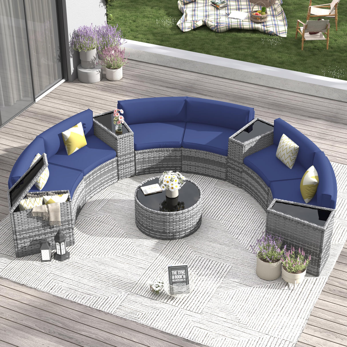 Amopatio Outdoor Patio Sectional Furniture Sets, 11 Pcs Curved Patio Couch with Storage Armrest Table and 4 Pillows, Half-Moon Outdoor Sofa Fit Porch Poolside Garden (Included Waterproof Cover) Amopatio