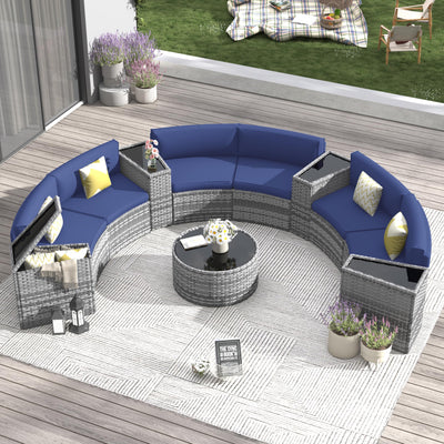 Amopatio Outdoor Patio Sectional Furniture Sets, 11 Pcs Curved Patio Couch with Storage Armrest Table and 4 Pillows, Half-Moon Outdoor Sofa Fit Porch Poolside Garden (Included Waterproof Cover)