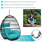 Sunnydaze Dalia Black Steel and Polyethylene Wicker Hanging Egg Chair with Teal Polyester Seat Cushions - 45-Inch Tall Sunnydaze