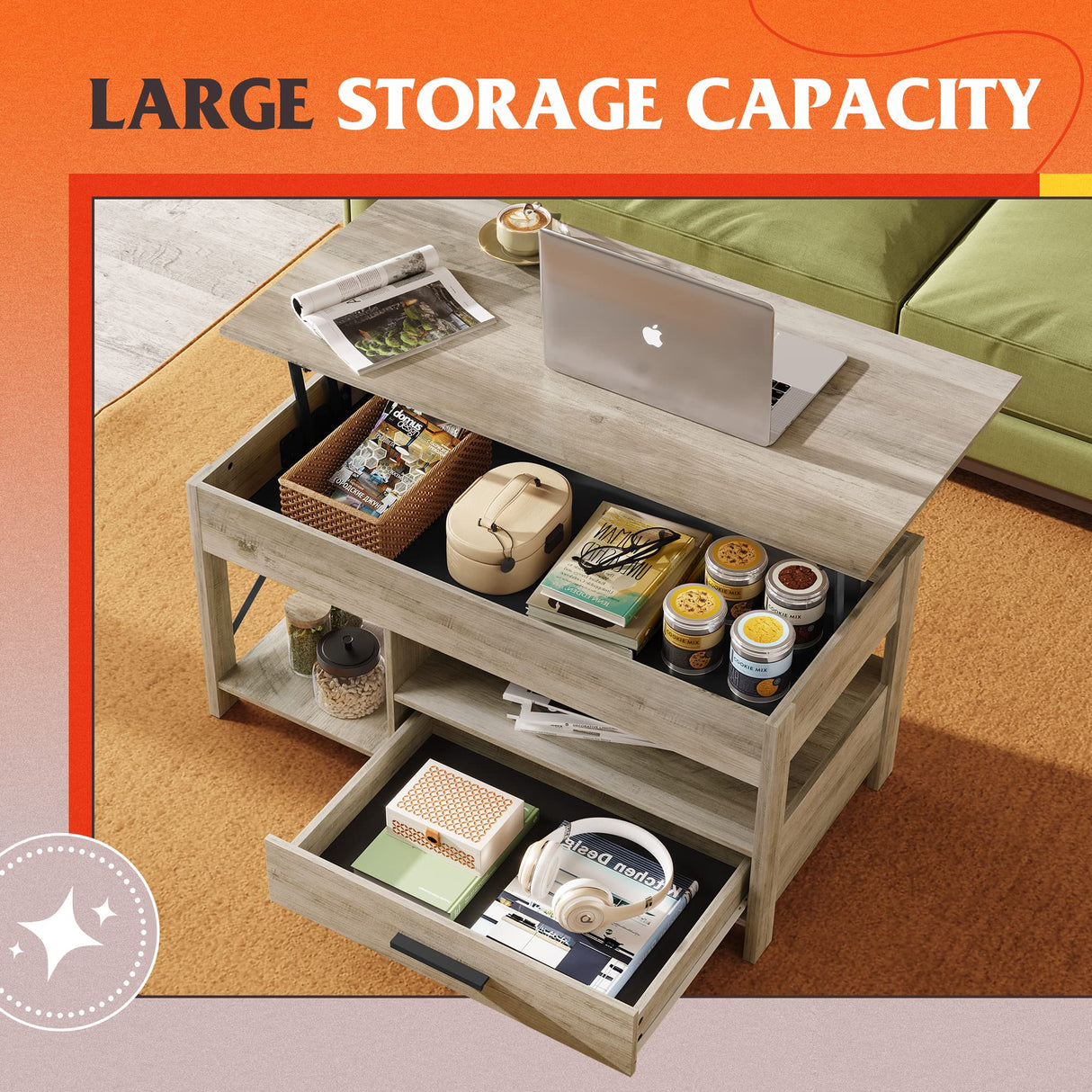 WLIVE Lift Top Coffee Table for Living Room,Coffee Table with Storage,Hidden Compartment and Metal Frame, Central Table for Reception Room,Grey WLIVE